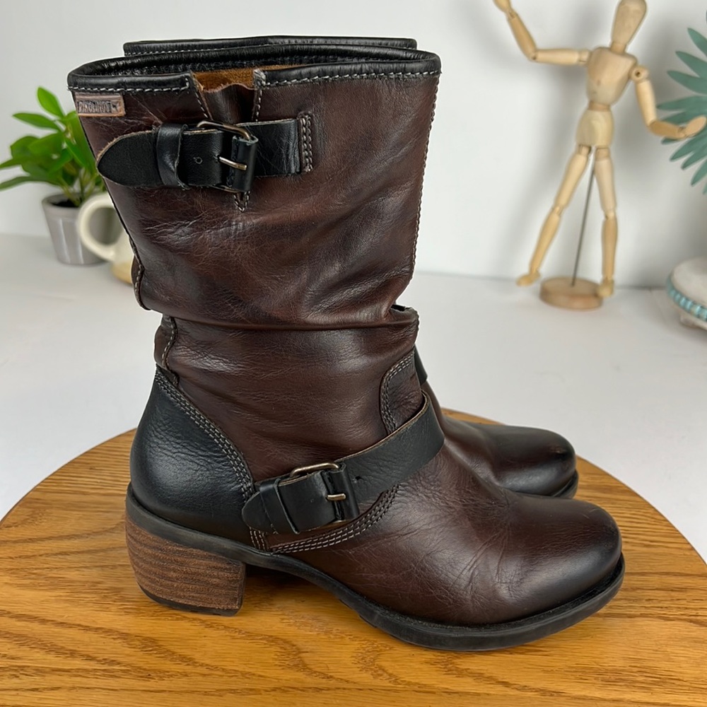 Pikolinos Brown Leather Moto Strap Heeled Boots Women’s Size 6